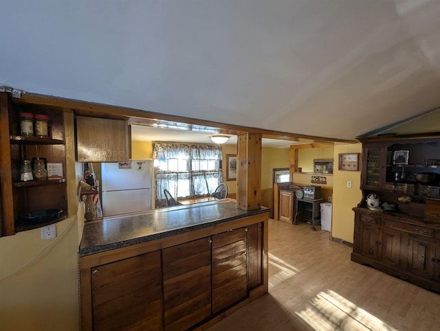 kitchen with dark countertops, light wood finished floors, and freestanding refrigerator