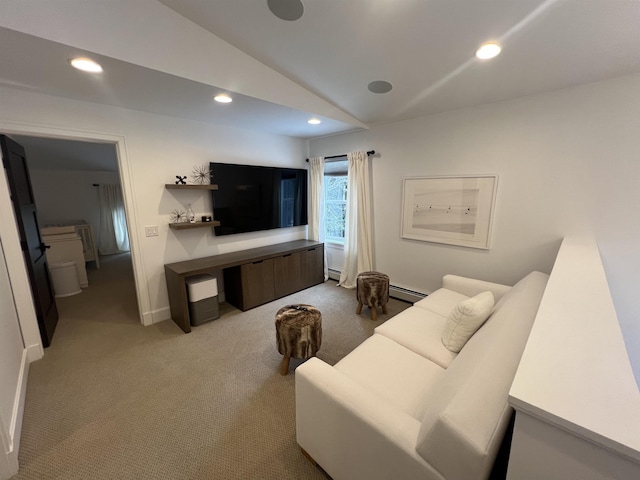 living room with carpet, lofted ceiling, recessed lighting, and a baseboard heating unit