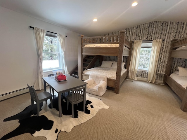 carpeted bedroom with recessed lighting and lofted ceiling