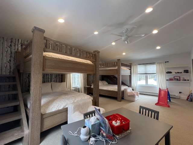 carpeted bedroom with lofted ceiling and recessed lighting