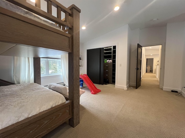 bedroom featuring high vaulted ceiling, recessed lighting, a closet, baseboards, and light colored carpet