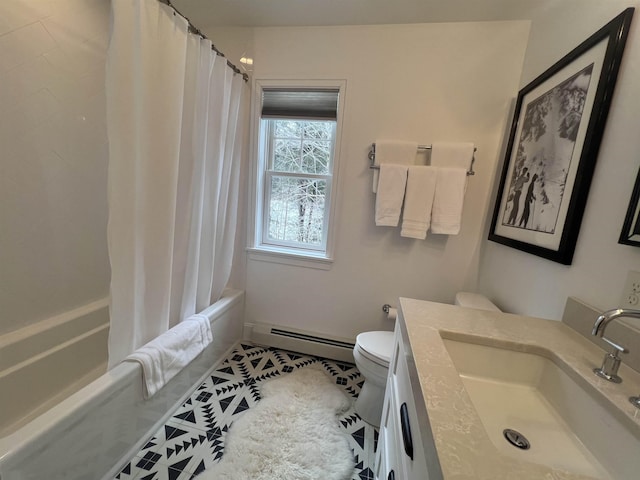 bathroom featuring tile patterned flooring, a baseboard heating unit, toilet, shower / tub combo with curtain, and vanity