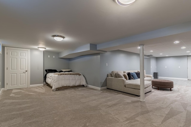 carpeted bedroom with baseboards and recessed lighting