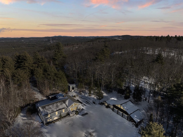 aerial view featuring a mountain view and a wooded view