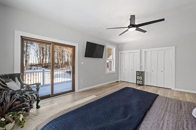 bedroom with a ceiling fan, wood finished floors, baseboards, access to exterior, and two closets