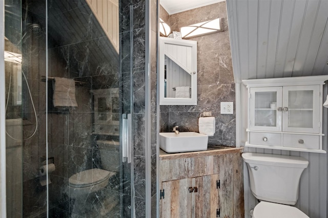 bathroom with tasteful backsplash, a shower stall, tile walls, toilet, and vanity