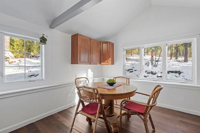 dining room featuring lofted ceiling, dark wood-style floors, and baseboards