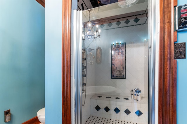 bathroom with a shower stall and toilet