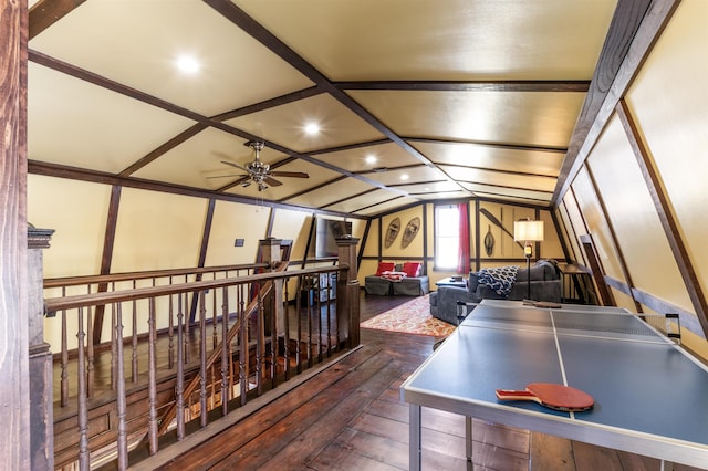 playroom with wood-type flooring, coffered ceiling, vaulted ceiling, and ceiling fan