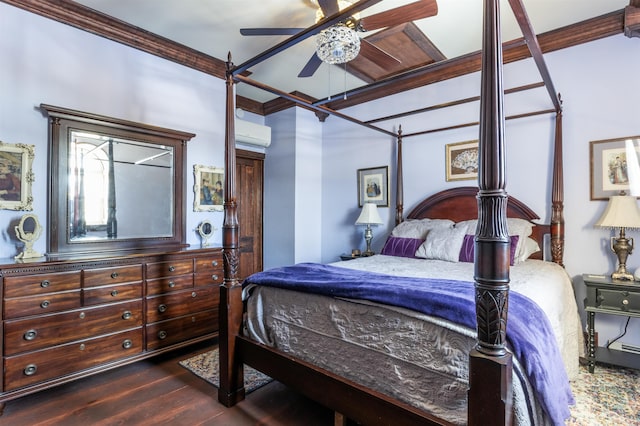 bedroom with ornamental molding, an AC wall unit, dark wood-type flooring, and a ceiling fan