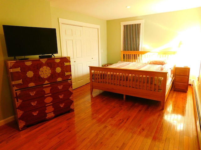 bedroom with a closet and hardwood / wood-style floors