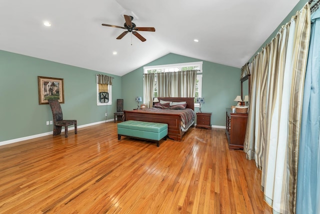 26 Hilltop Dr, Wakefield, NH 03872 - bedroom featuring light wood-type flooring, vaulted ceiling, baseboards, ceiling fan, and recessed lighting