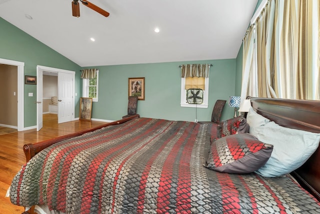 26 Hilltop Dr, Wakefield, NH 03872 - bedroom featuring vaulted ceiling, wood finished floors, baseboards, recessed lighting, and a ceiling fan