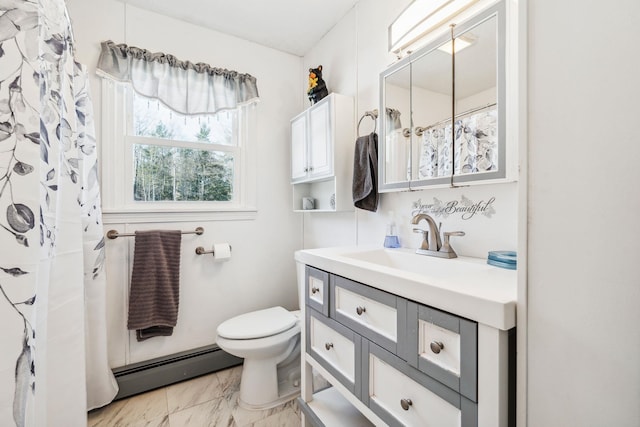 full bathroom with toilet, a shower with curtain, a baseboard radiator, marble finish floor, and vanity