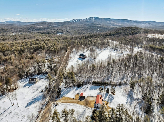 snowy aerial view with a mountain view