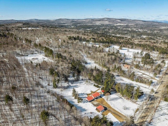 snowy aerial view with a mountain view