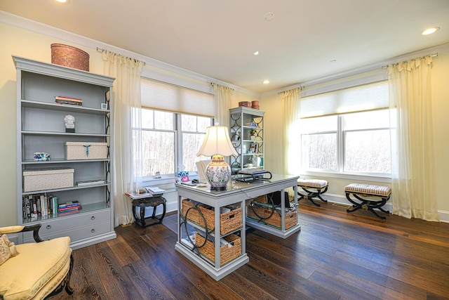 office space with ornamental molding, hardwood / wood-style floors, baseboards, and recessed lighting