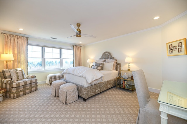 bedroom with recessed lighting, light carpet, visible vents, baseboards, and ornamental molding