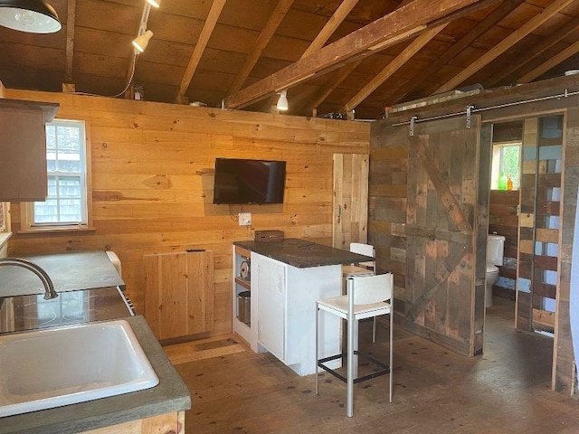 kitchen with vaulted ceiling with beams, plenty of natural light, a sink, and wooden walls