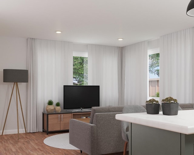 office area featuring baseboards, wood finished floors, and recessed lighting