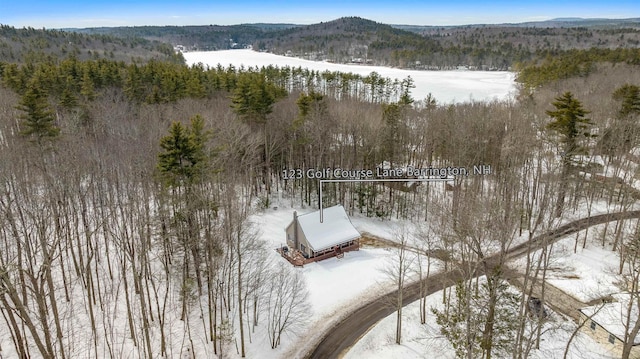 snowy aerial view featuring a forest view and a mountain view