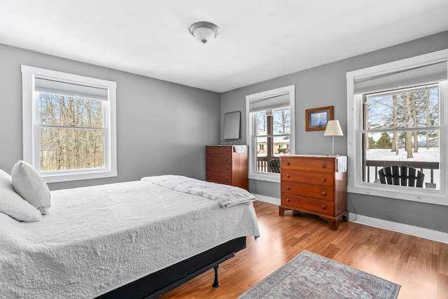 bedroom featuring multiple windows, baseboards, and wood finished floors