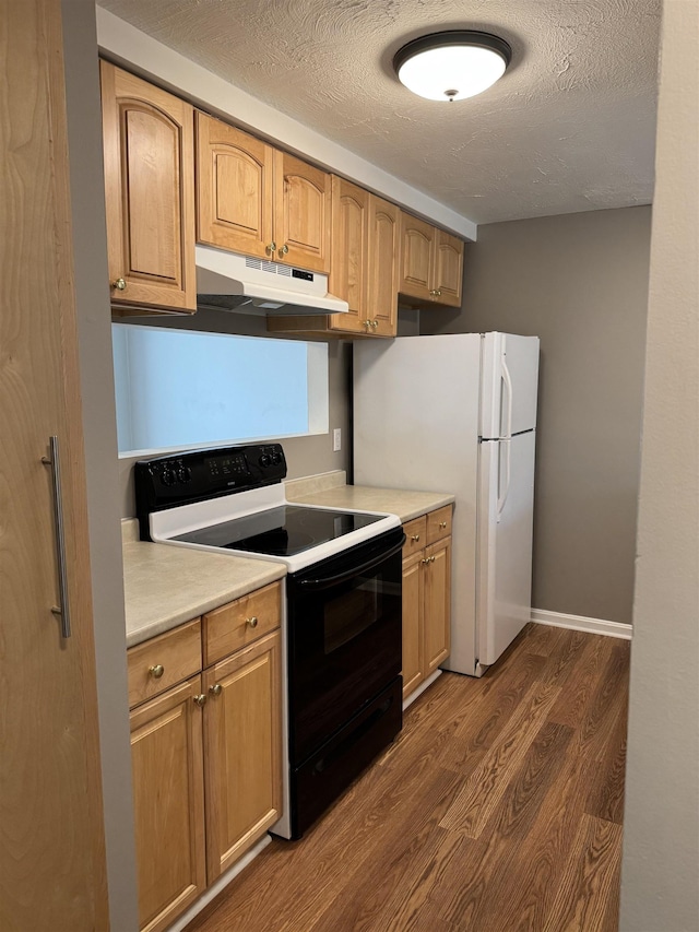 kitchen with under cabinet range hood, light countertops, black electric range, dark wood-style floors, and a textured ceiling