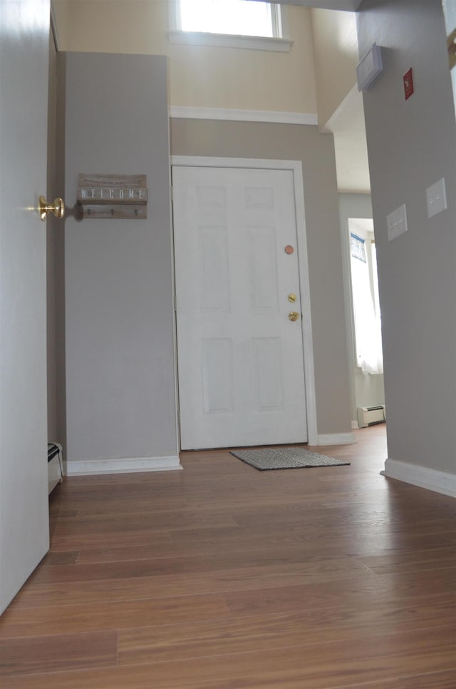 foyer entrance featuring a wealth of natural light, a baseboard heating unit, and wood finished floors