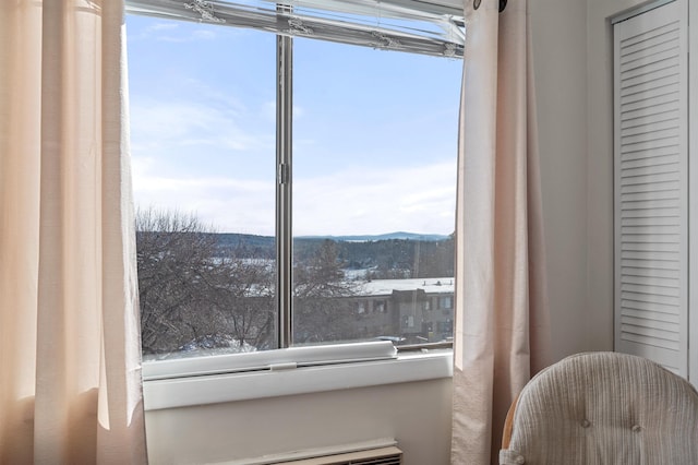 interior details featuring a mountain view and baseboard heating