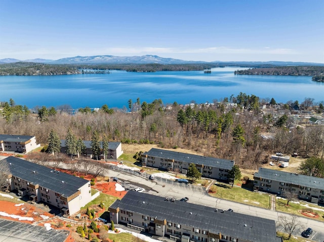 birds eye view of property with a water and mountain view