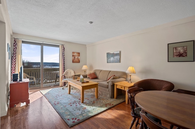 living room with a textured ceiling and wood finished floors