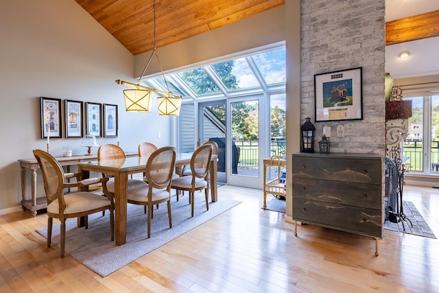 dining space featuring high vaulted ceiling, wood ceiling, and hardwood / wood-style floors