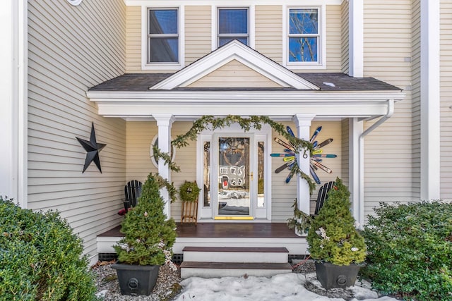 doorway to property with roof with shingles