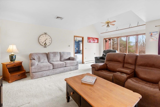 living room featuring visible vents, a ceiling fan, a baseboard heating unit, carpet, and vaulted ceiling