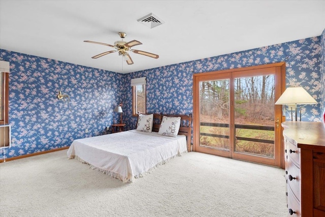 bedroom featuring baseboards, visible vents, wallpapered walls, access to outside, and carpet flooring