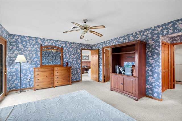 bedroom featuring wallpapered walls, carpet, baseboards, and ceiling fan