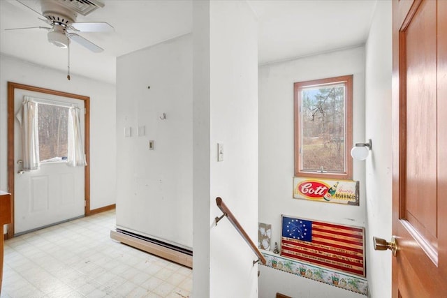 entrance foyer featuring baseboard heating, light floors, visible vents, and ceiling fan