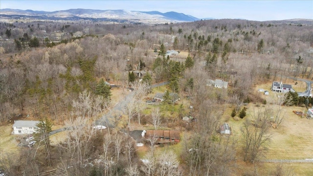 drone / aerial view with a mountain view and a view of trees