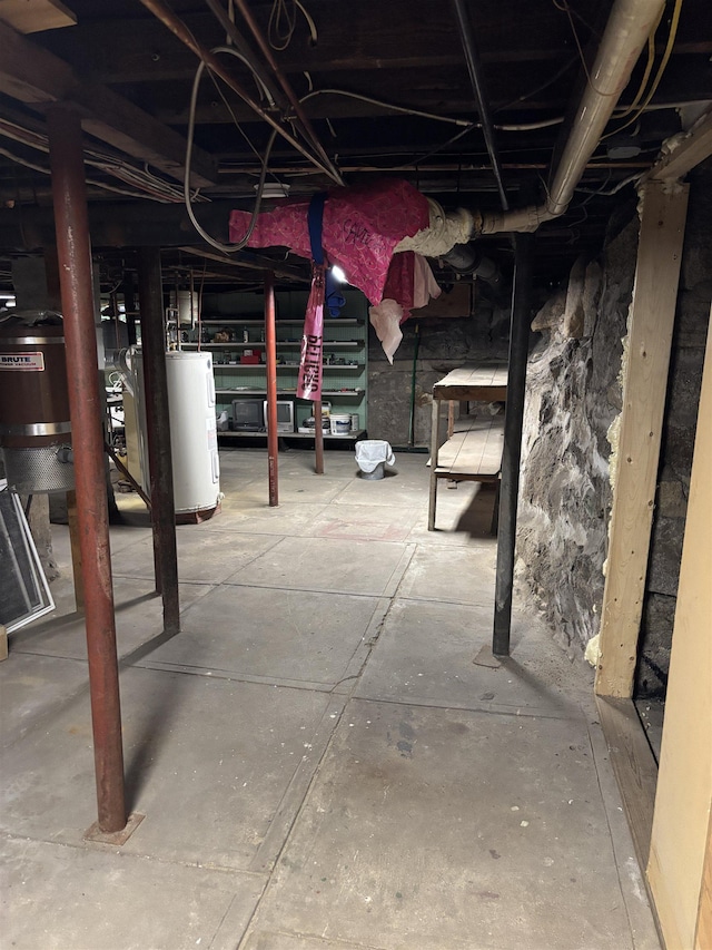 unfinished basement featuring water heater