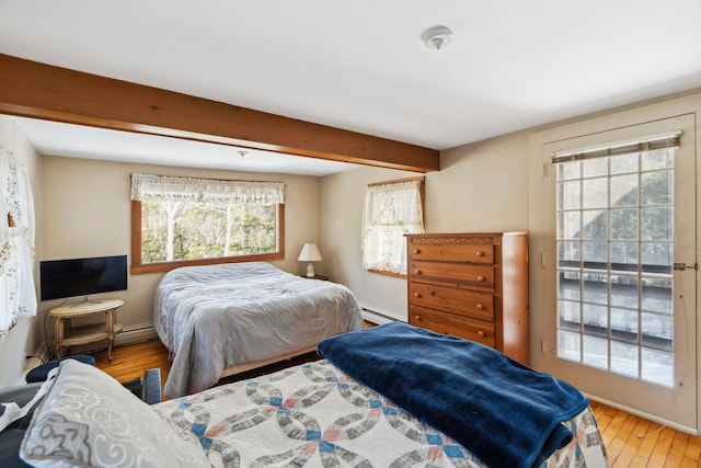 bedroom featuring beam ceiling, wood finished floors, baseboards, and baseboard heating