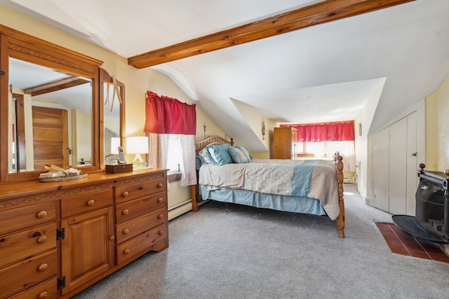 carpeted bedroom with a baseboard heating unit, lofted ceiling with beams, and a wood stove