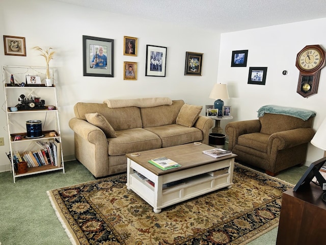 living room with carpet flooring and a textured ceiling