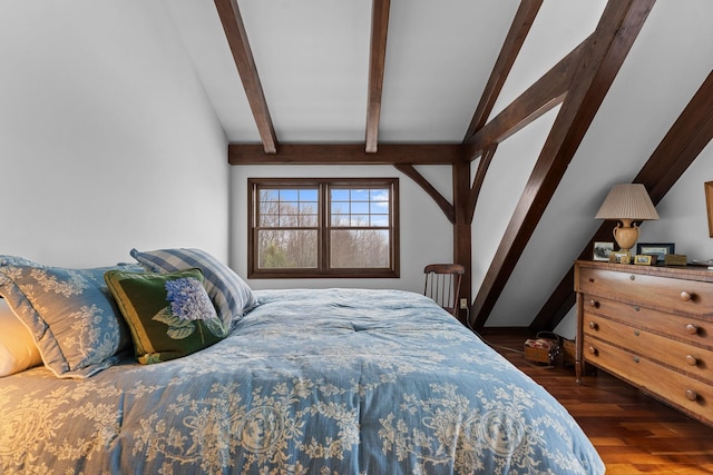 bedroom featuring vaulted ceiling with beams and wood finished floors