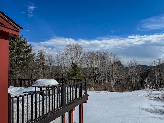 yard covered in snow featuring a view of trees