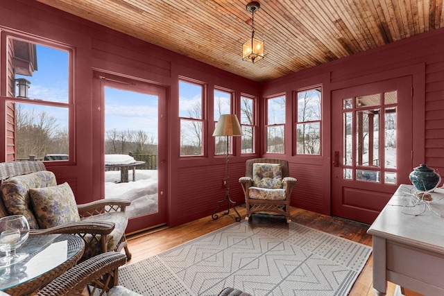 sunroom featuring a healthy amount of sunlight and wooden ceiling