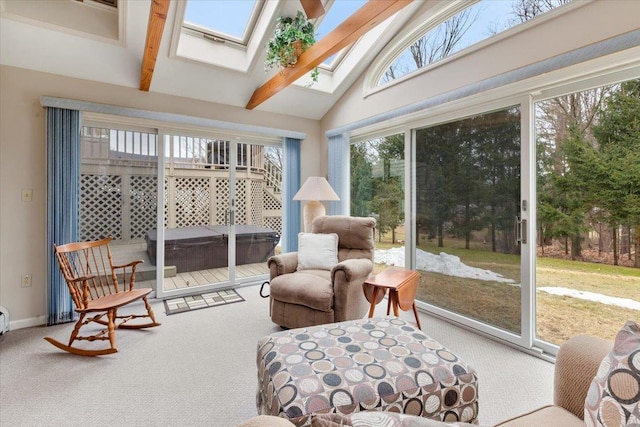 sunroom with vaulted ceiling with skylight