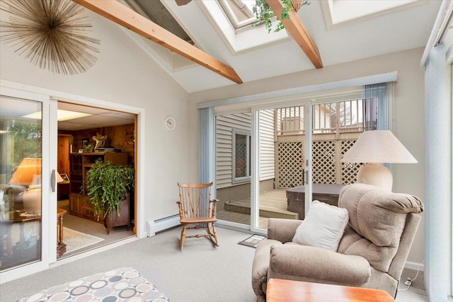 sitting room with a baseboard heating unit, beamed ceiling, carpet floors, a skylight, and high vaulted ceiling