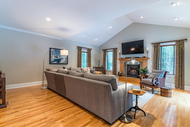 living room with vaulted ceiling, plenty of natural light, light wood-style floors, and a lit fireplace