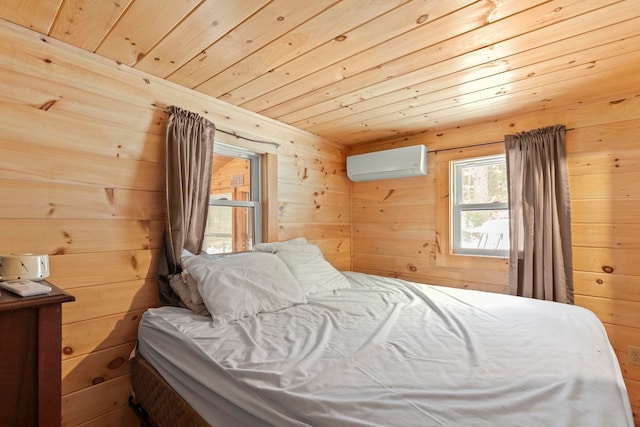 bedroom featuring an AC wall unit, wood ceiling, and wood walls