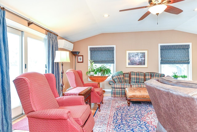 living room with recessed lighting, lofted ceiling, an AC wall unit, and ceiling fan